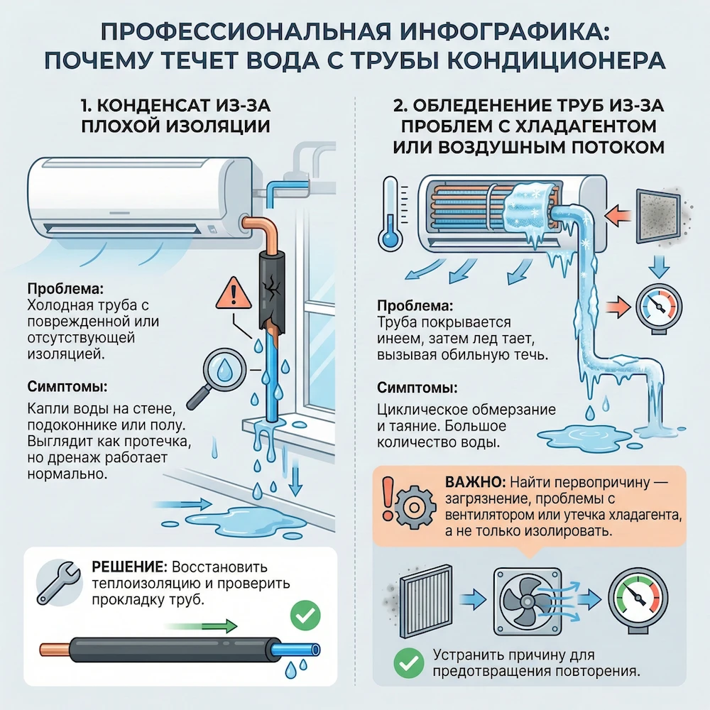 Течь трубки кондиционера: почему появляется вода на трубках и рядом с блоком