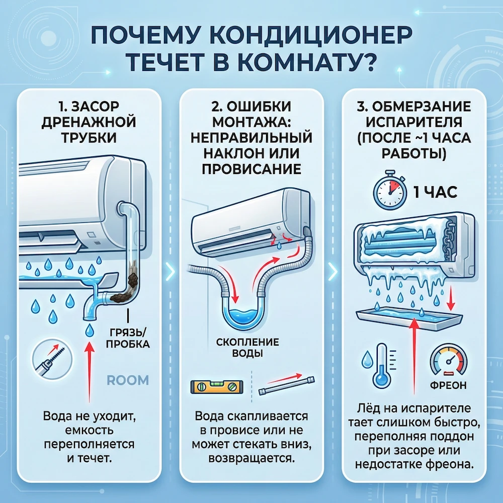 Почему кондиционер течет в комнату: разбор самых частых сценариев