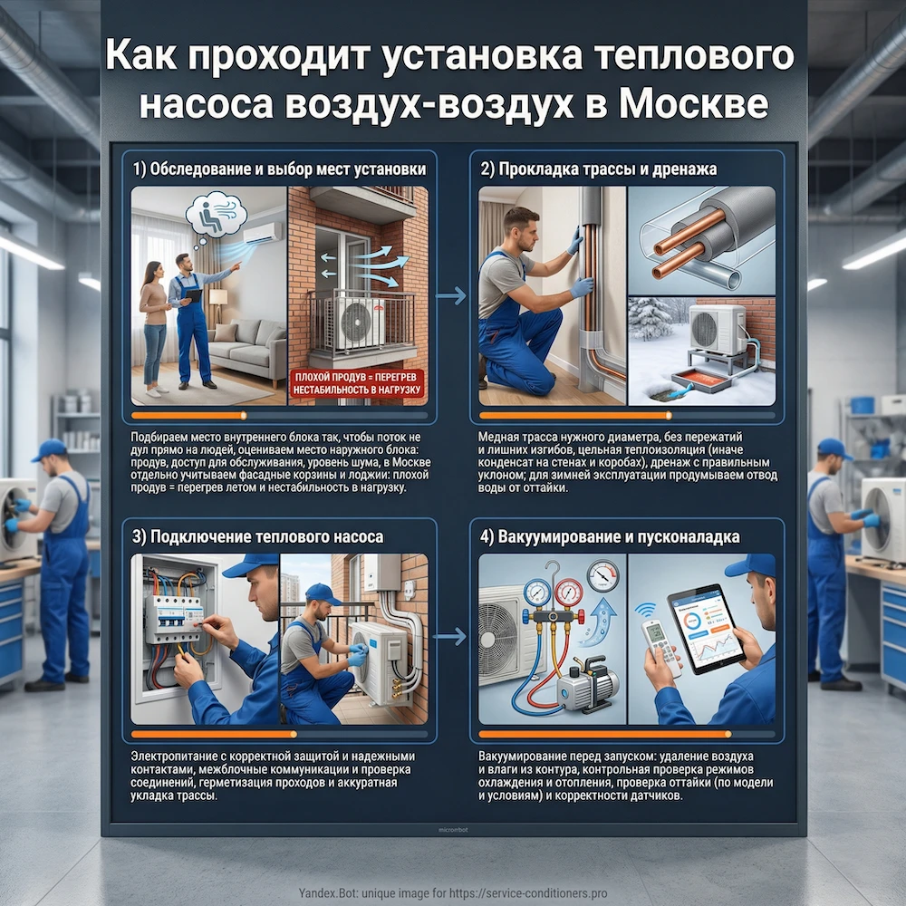 Как проходит установка теплового насоса воздух-воздух в Москве
