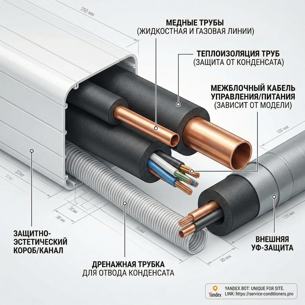 Что входит в трассу кондиционера: медные трубки, изоляция, дренаж, кабель