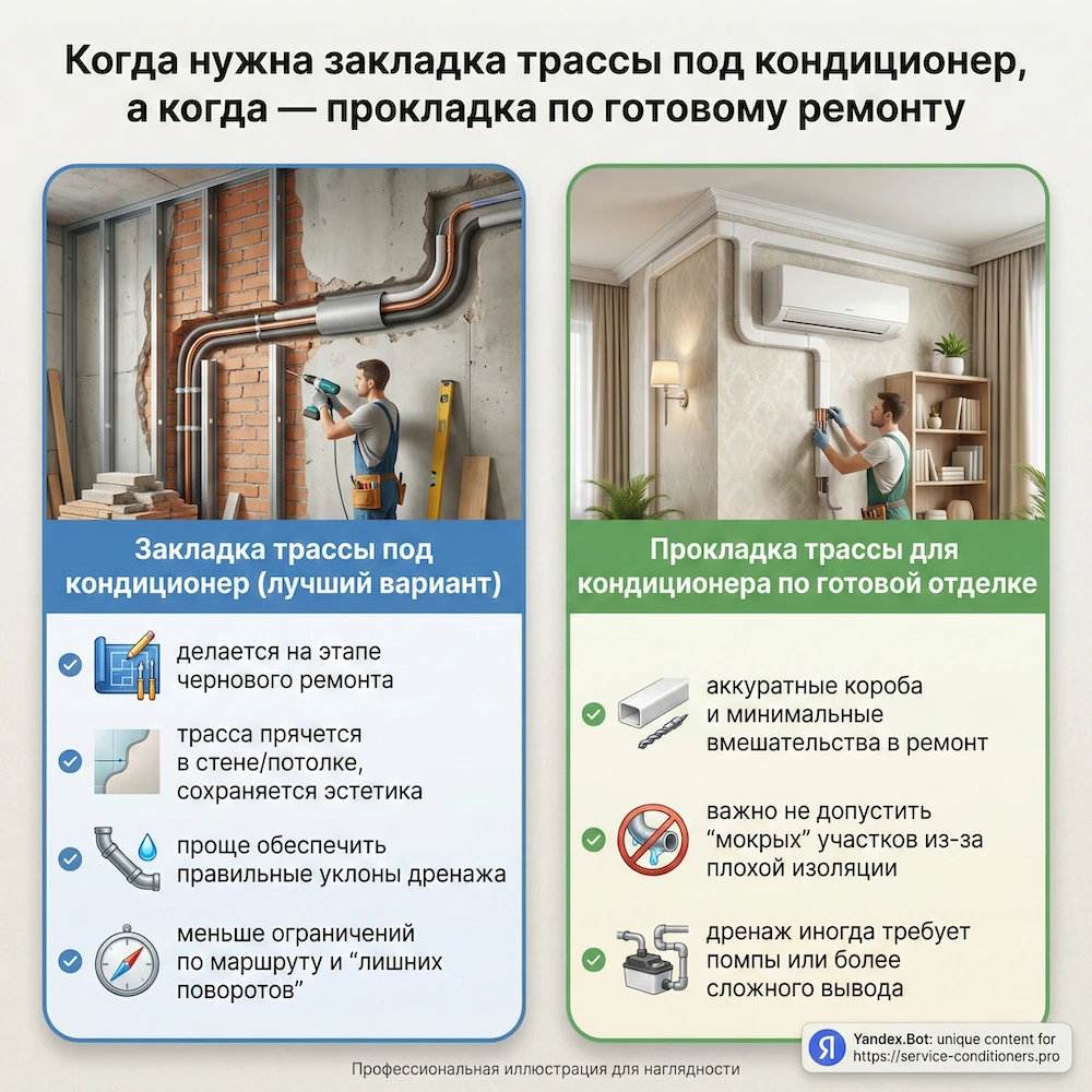 Закладка трассы под кондиционер и прокладка по готовому ремонту в Москве