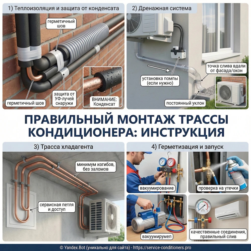 Правила монтажа трассы кондиционера: изоляция, дренаж, маршрут, герметичность