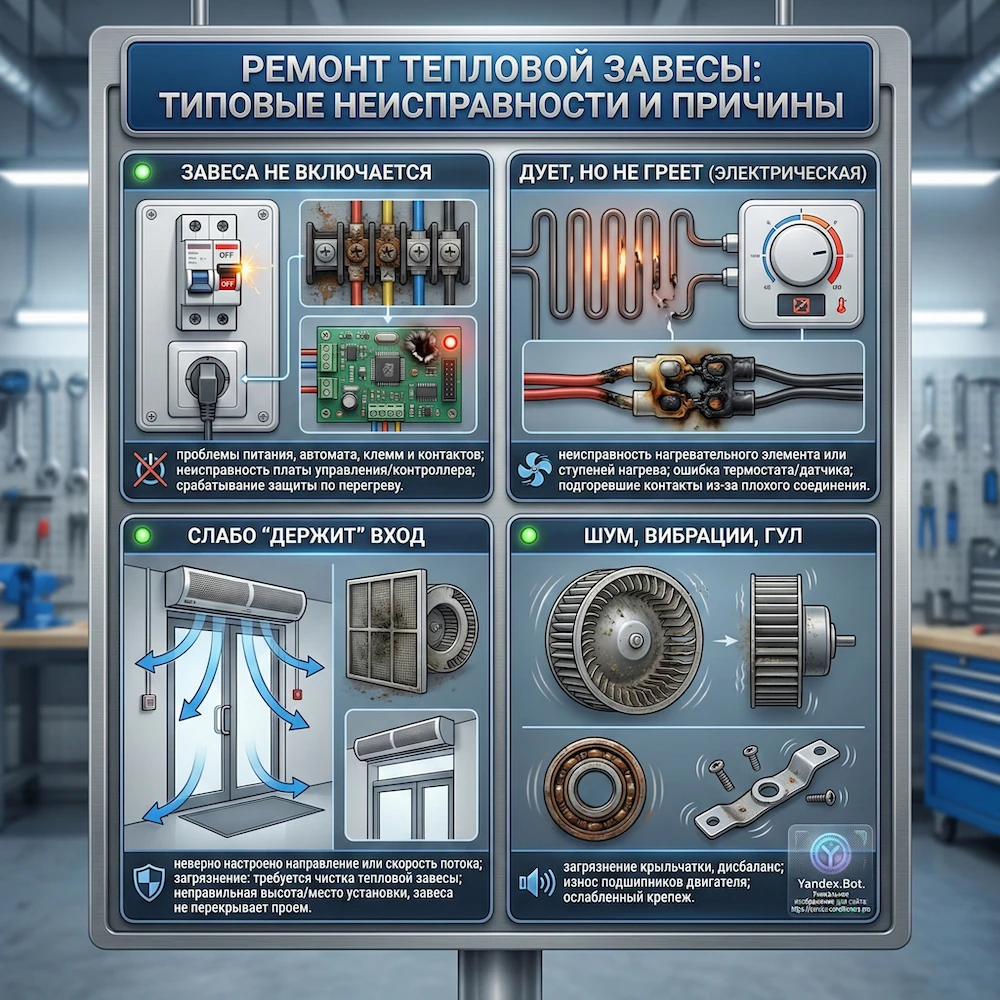 Ремонт тепловой завесы: типовые неисправности и причины