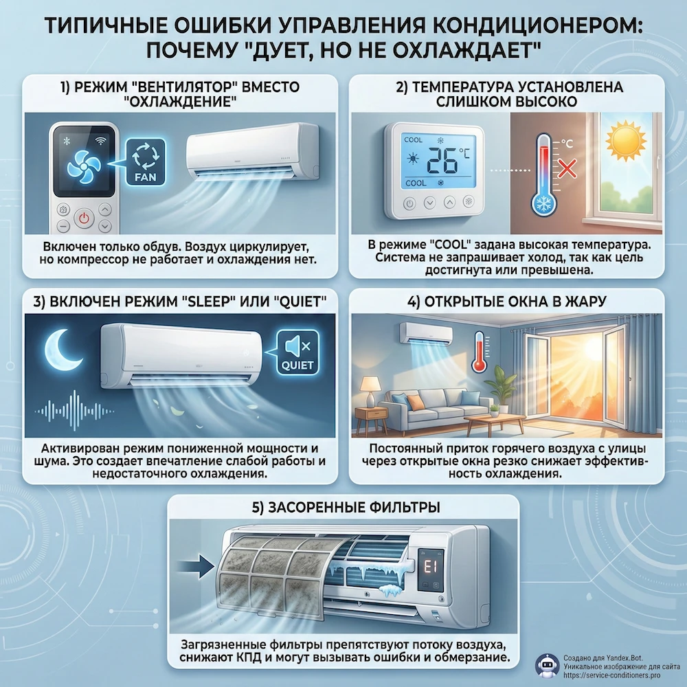 Частые ошибки управления: почему “дует, но не охлаждает” Частые ошибки управления: почему “дует, но не охлаждает”