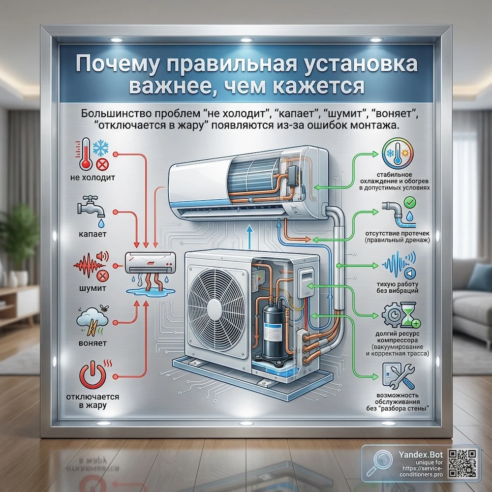 Почему монтаж кондиционера критичен: дренаж, трасса, вакуумирование
