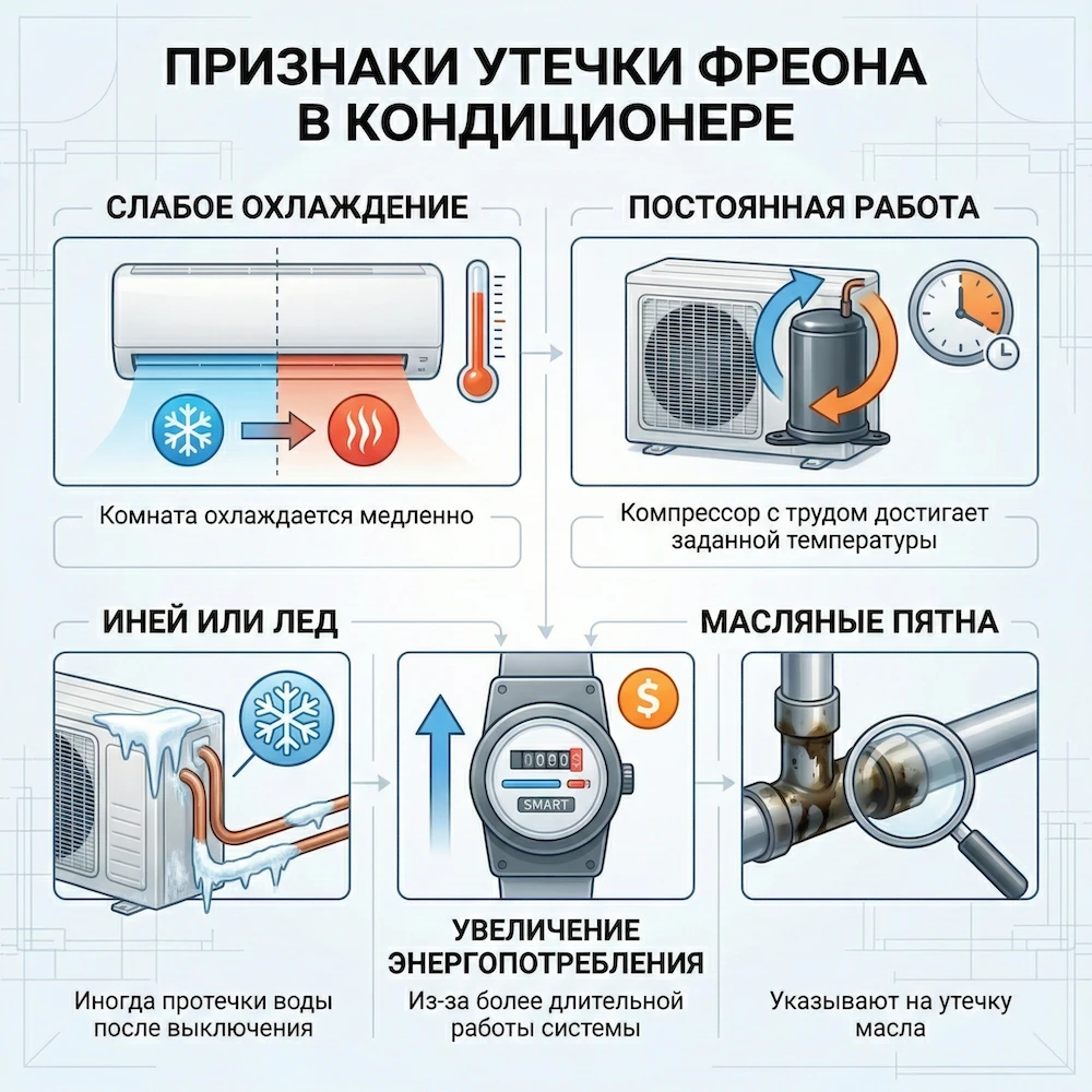 Признаки утечки фреона в кондиционере Признаки утечки фреона в кондиционере
