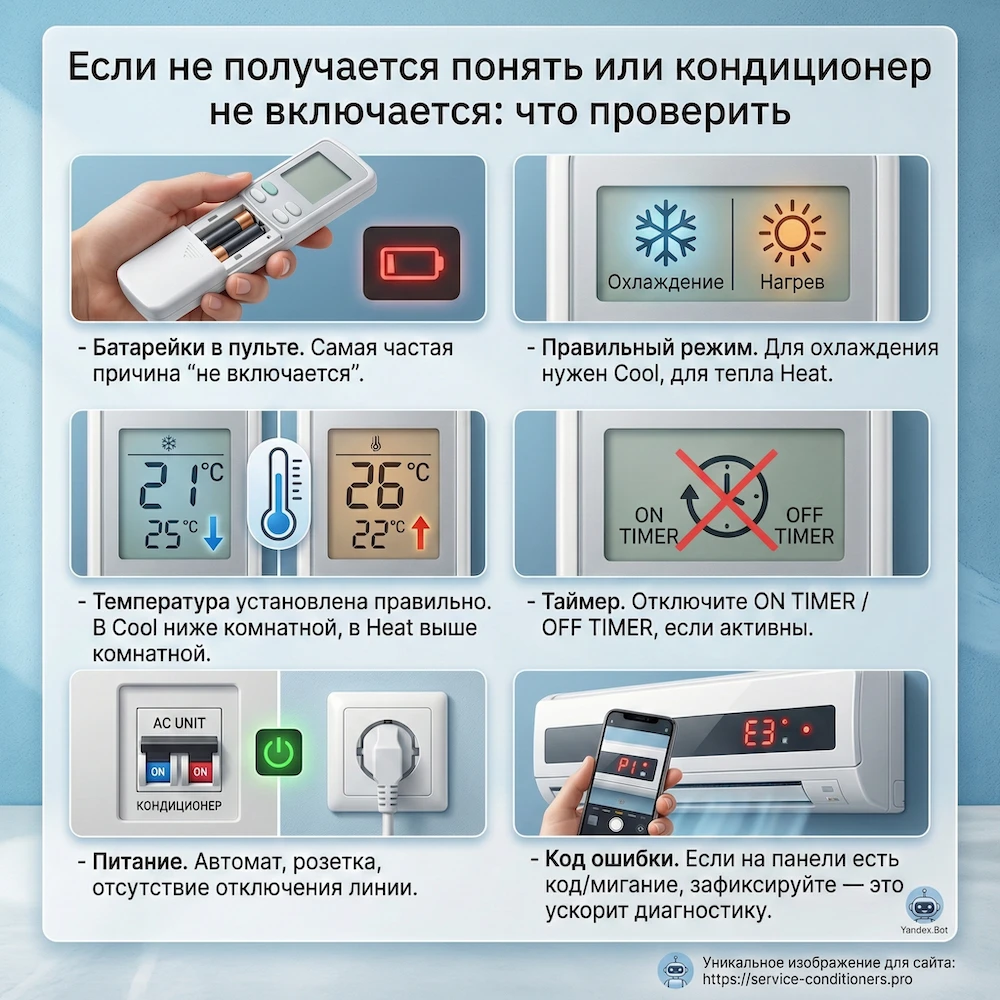 Если не получается понять или кондиционер не включается: что проверить