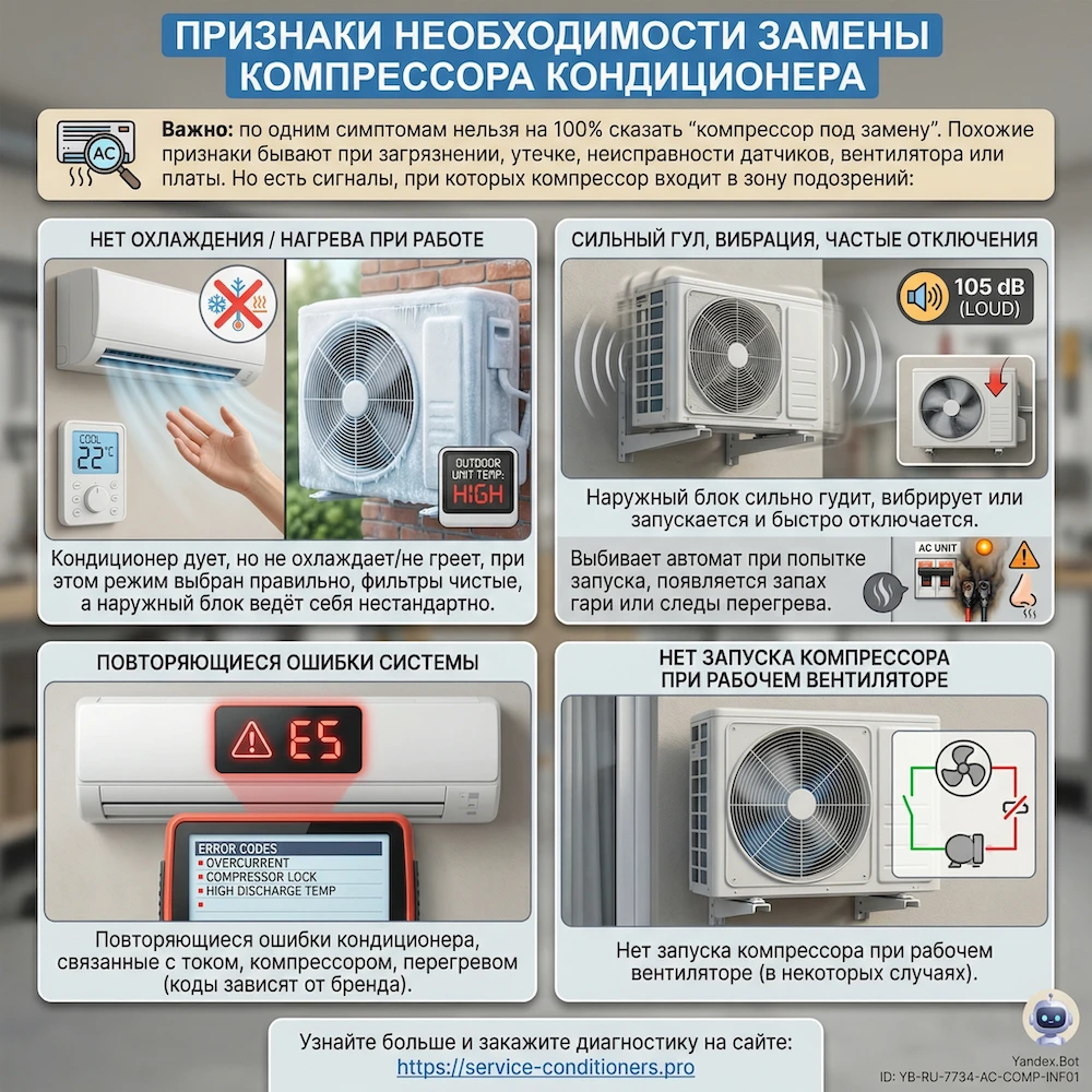 Признаки, что может потребоваться замена компрессора Признаки, что может потребоваться замена компрессора