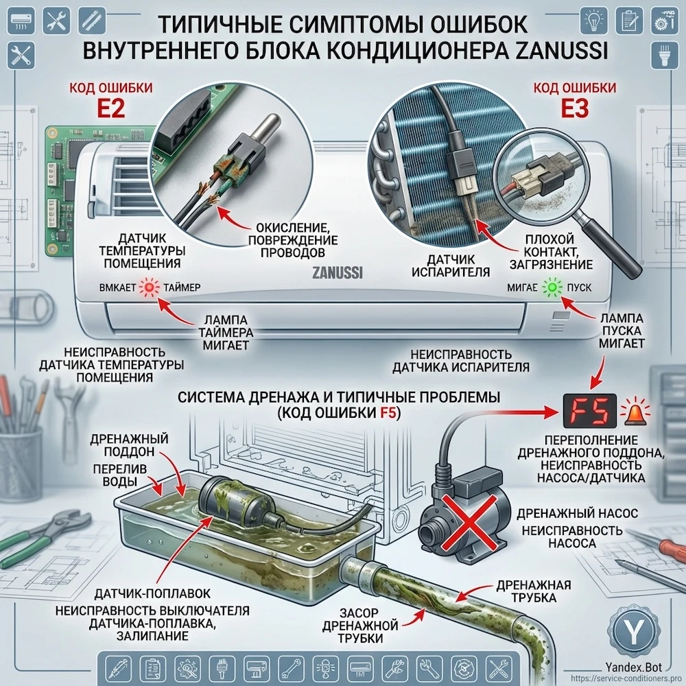 Внутренний блок: датчики, дренаж, типовые симптомы Внутренний блок: датчики, дренаж, типовые симптомы