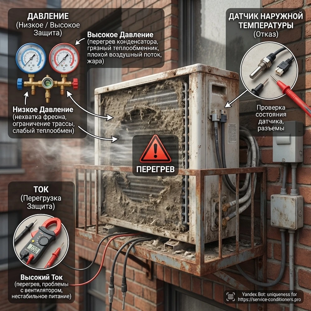 Наружный блок: давление, ток, перегрев теплообменника Наружный блок: давление, ток, перегрев теплообменника
