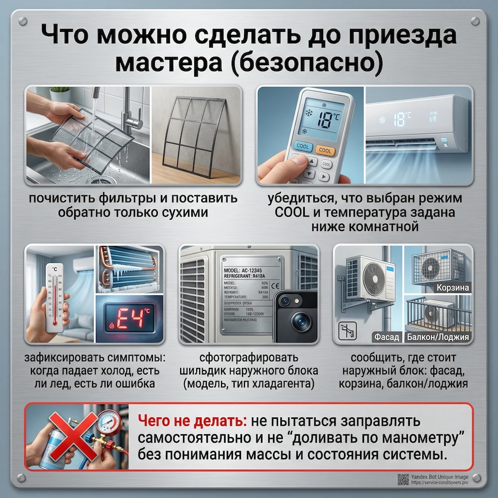 Что можно сделать до приезда мастера (безопасно)