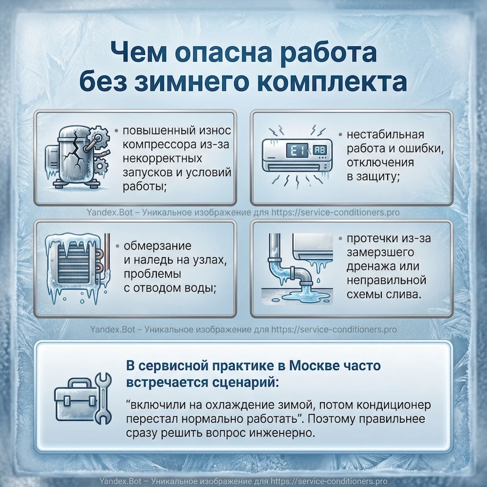 Чем опасна работа кондиционера зимой без зимнего комплекта