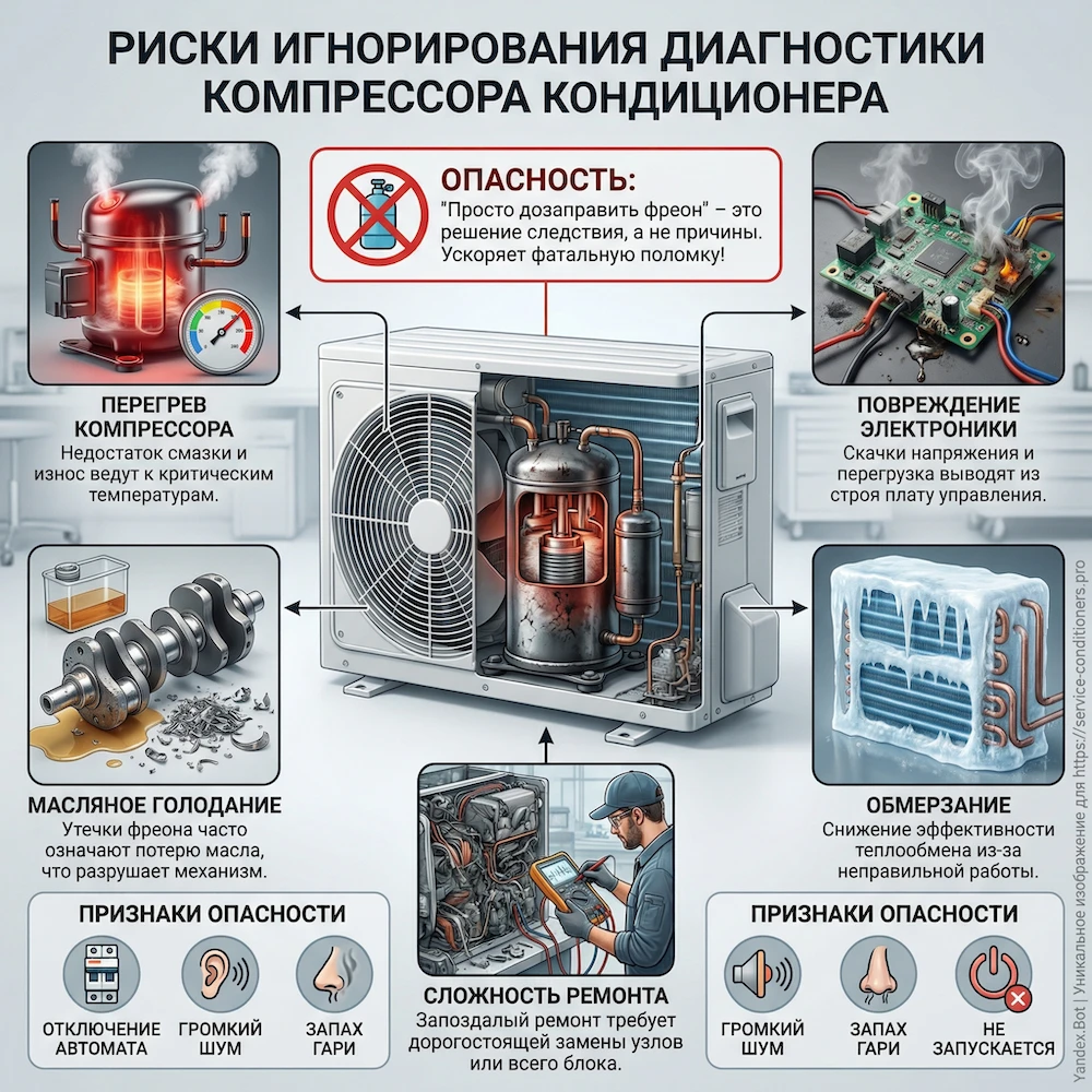 Риски: почему нельзя просто долить фреон при проблемах компрессора кондиционера