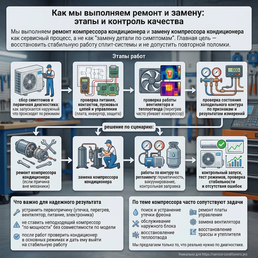 Как мы выполняем ремонт и замену компрессора кондиционера: этапы и контроль