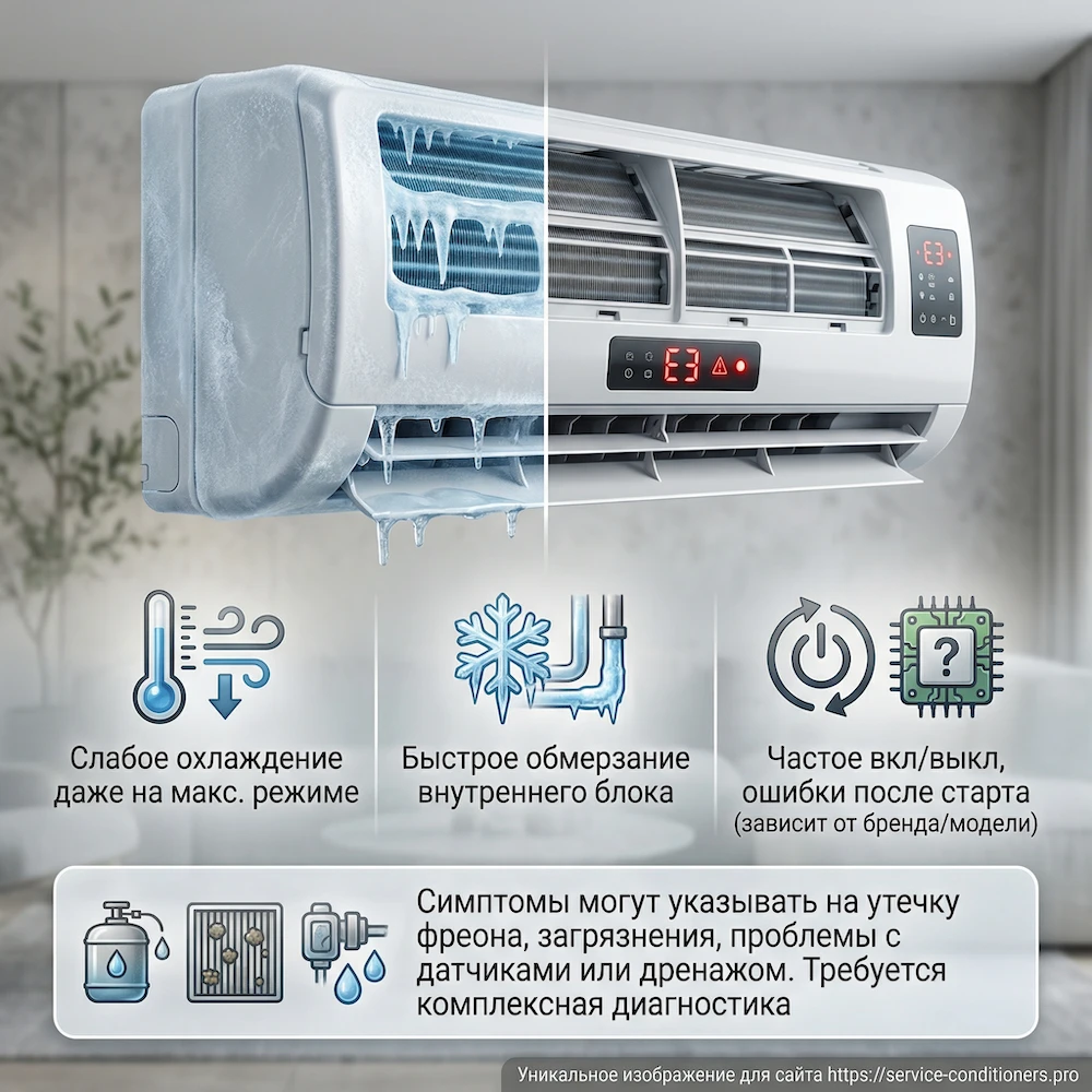 Симптомы по внутреннему блоку: слабое охлаждение, обмерзание, ошибки