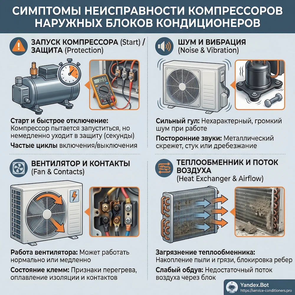 Симптомы по наружному блоку: не запускается компрессор, гул, вибрация