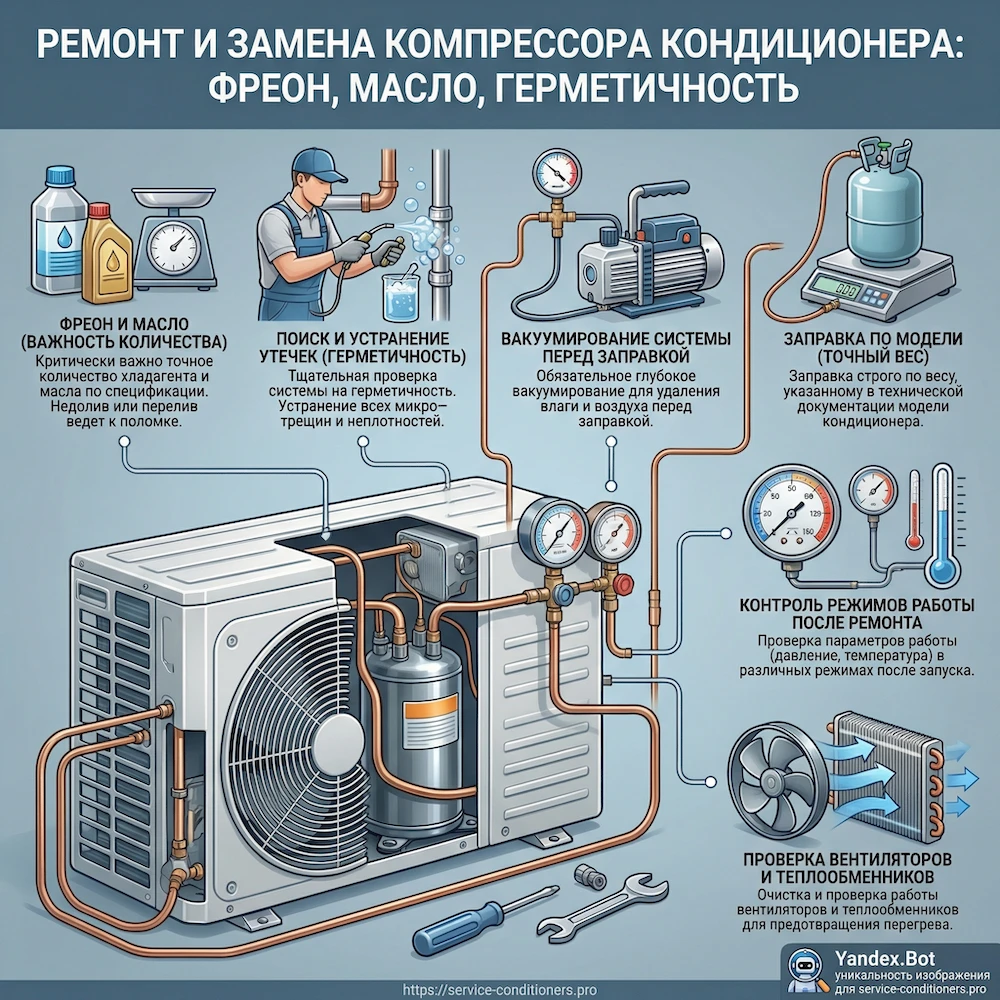 Фреон, масло и герметичность при ремонте и замене компрессора кондиционера