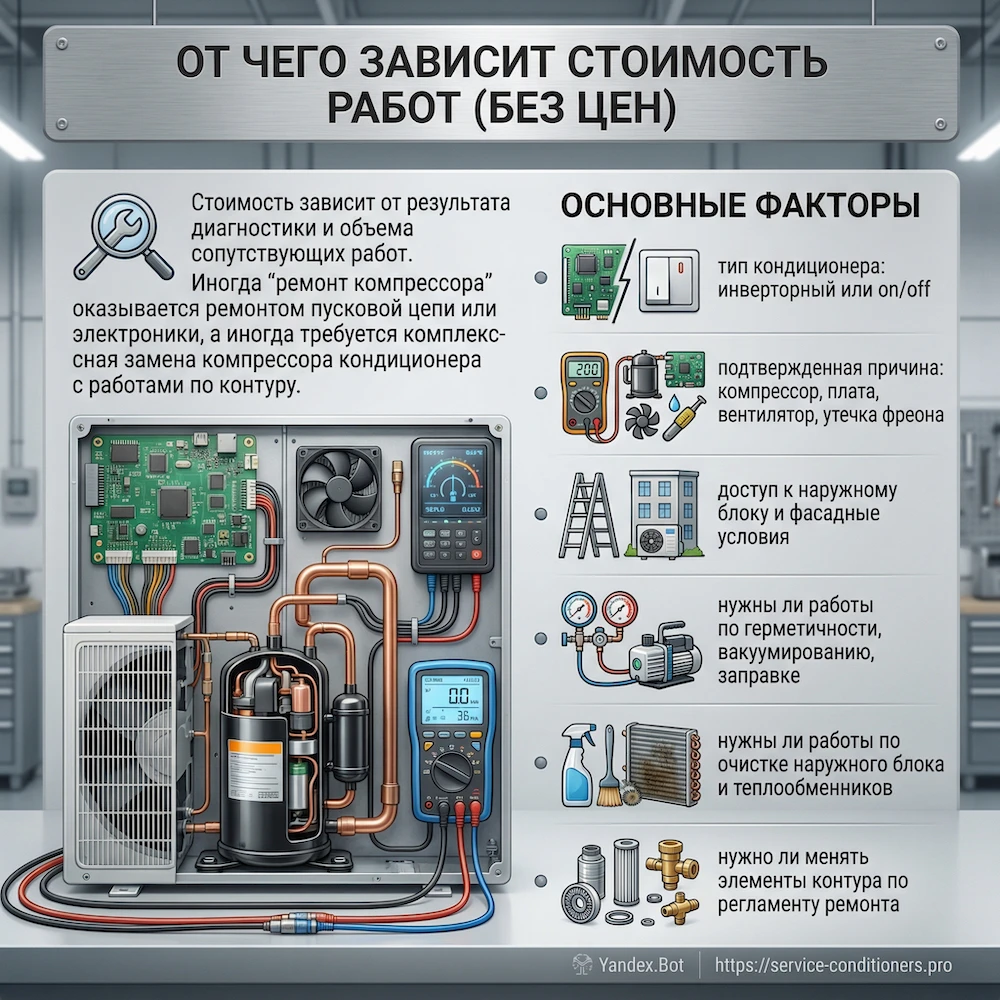 От чего зависит стоимость ремонта или замены компрессора кондиционера (без цен)